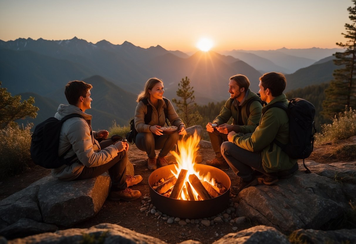 Hikers sit around a campfire, enjoying a simple meal. The sun sets behind distant mountains, casting a warm glow on the scene