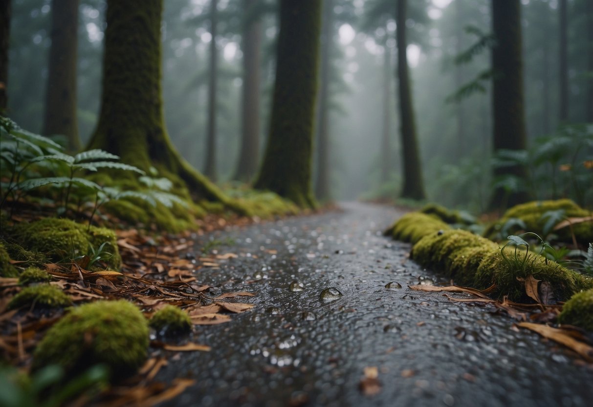 A forest trail with scattered raindrops, showcasing 5 lightweight rain gear items for orienteering