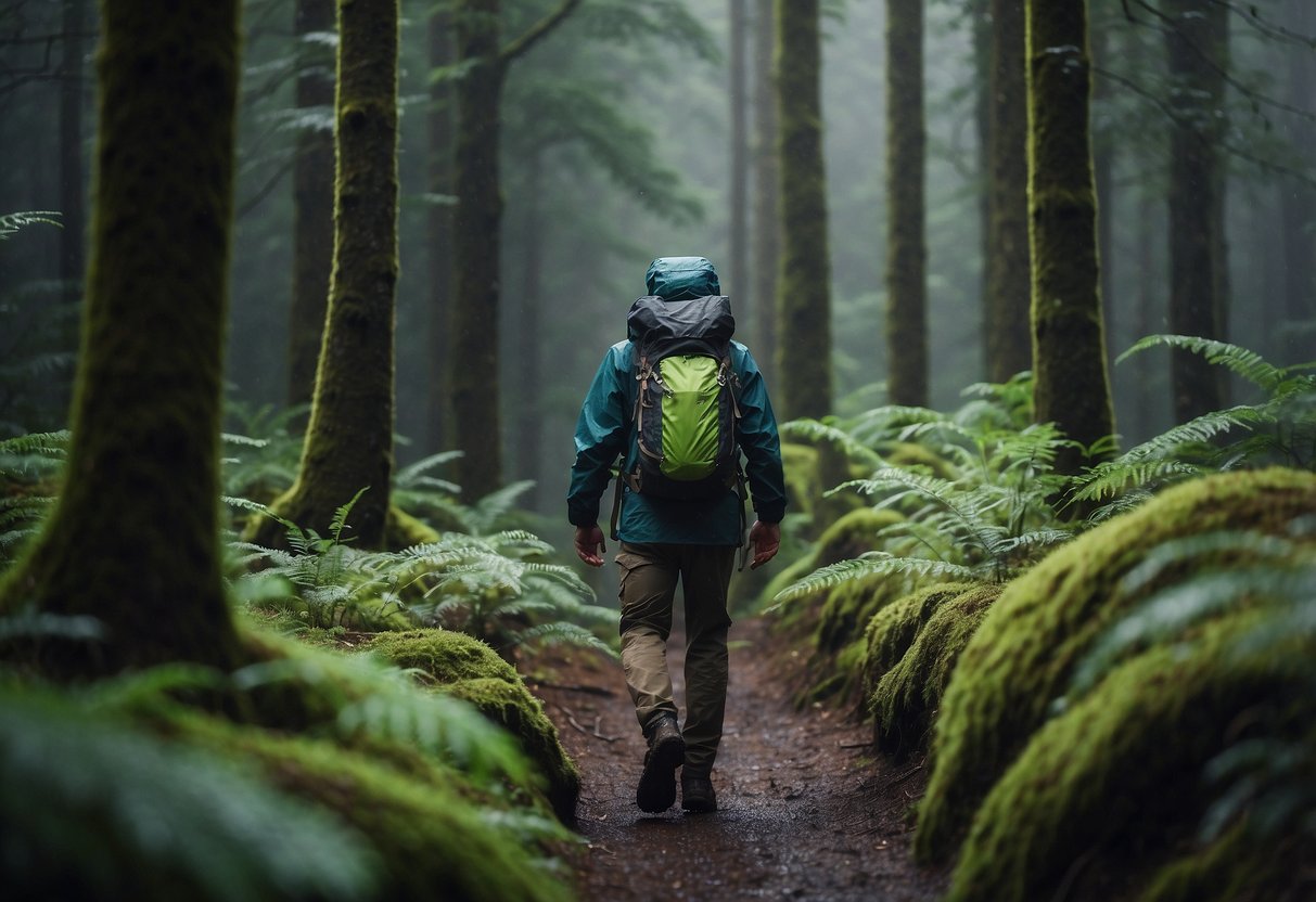 A hiker in lightweight rain gear navigates through dense forest, shielded from the elements. The gear is compact and breathable, allowing for easy movement