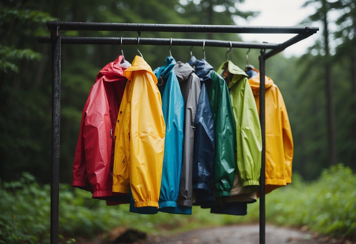 Brightly colored lightweight rain jackets, pants, and hats hanging on a rack. A compass, map, and water bottle nearby. Trees and a trail in the background