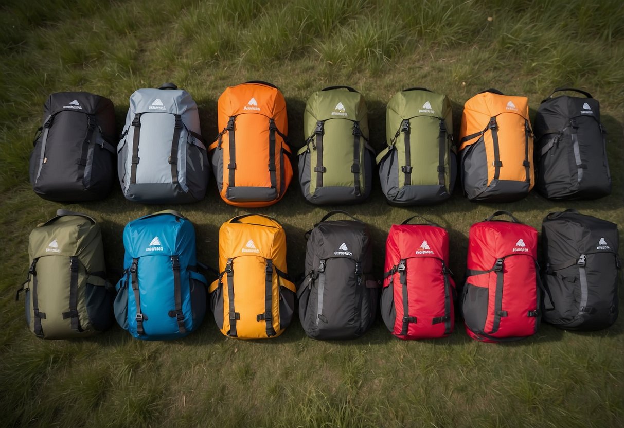 A group of 10 lightweight orienteering packs laid out neatly on a grassy field, with adjustable straps and multiple pockets
