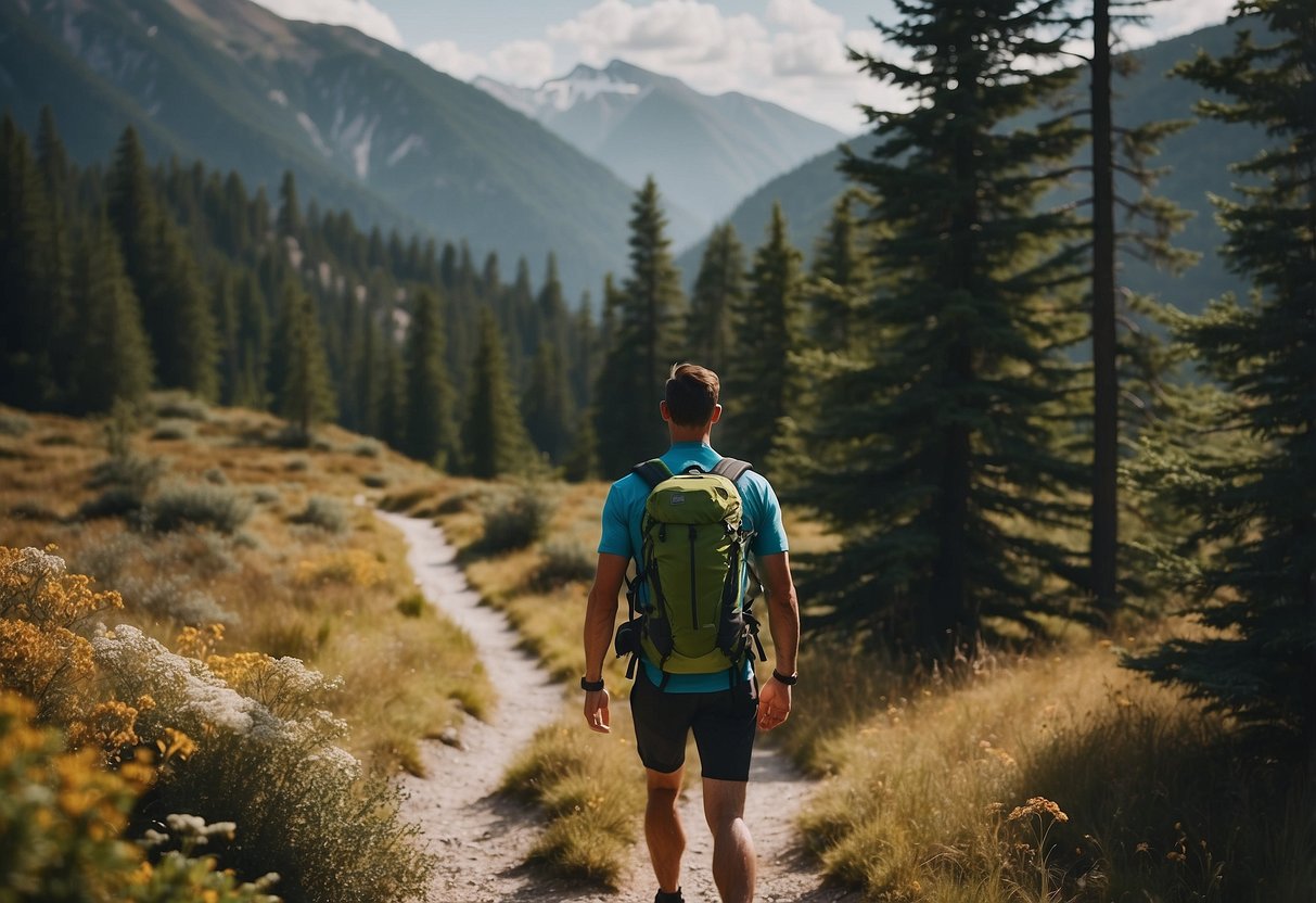 A bright, mountainous landscape with a runner's lightweight pack in focus, surrounded by trees and a winding trail