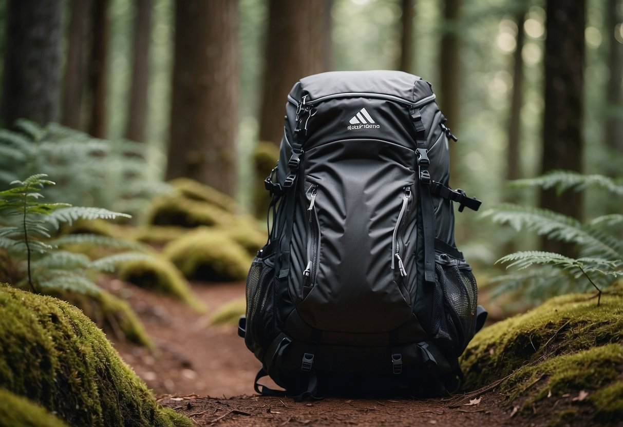 A hiker's backpack, the Black Diamond Bolt 24, lies on the ground, surrounded by a forest of tall trees and a winding orienteering trail