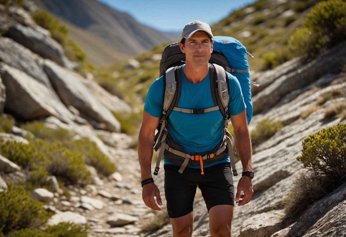 A hiker stands on a rocky trail, wearing a CamelBak Octane 18 pack. The lightweight orienteering pack features multiple pockets and a hydration reservoir