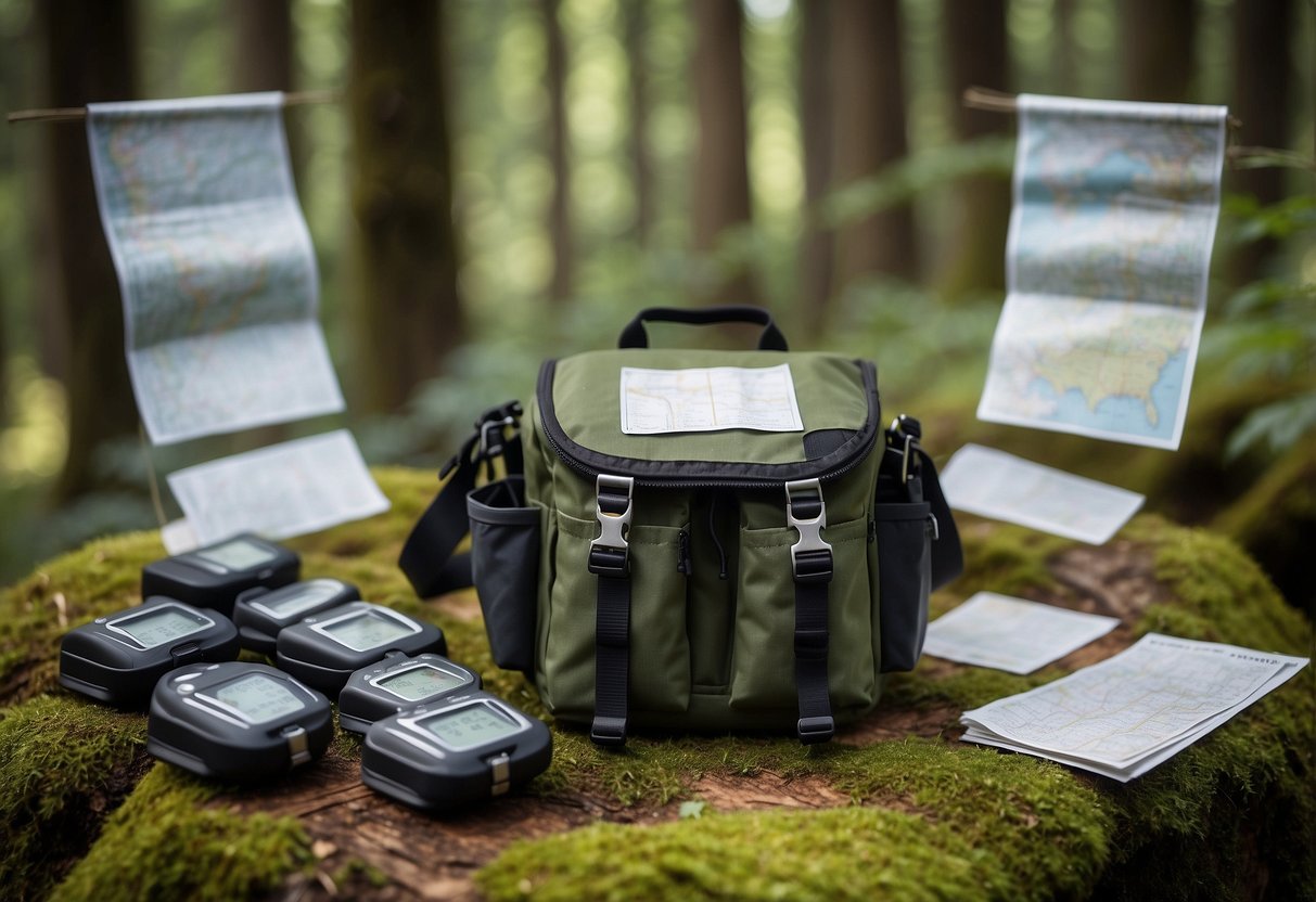 A table displaying 10 lightweight orienteering packs, each with adjustable straps and multiple pockets, set against a backdrop of a forest with a map and compass nearby