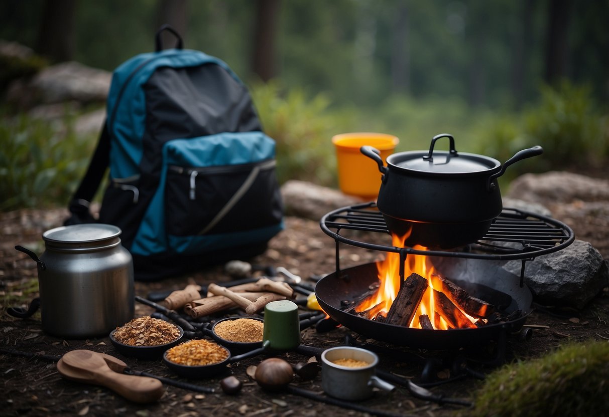 A campfire with a pot hanging over it, surrounded by various cooking utensils and ingredients. A backpack and hiking boots are nearby, suggesting a break during a hike