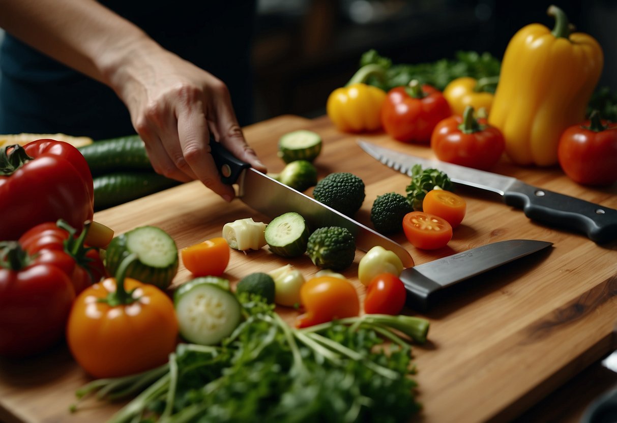 Fresh vegetables are spread out on a chopping board. A knife is slicing through the colorful assortment of veggies, preparing them for a trailside meal