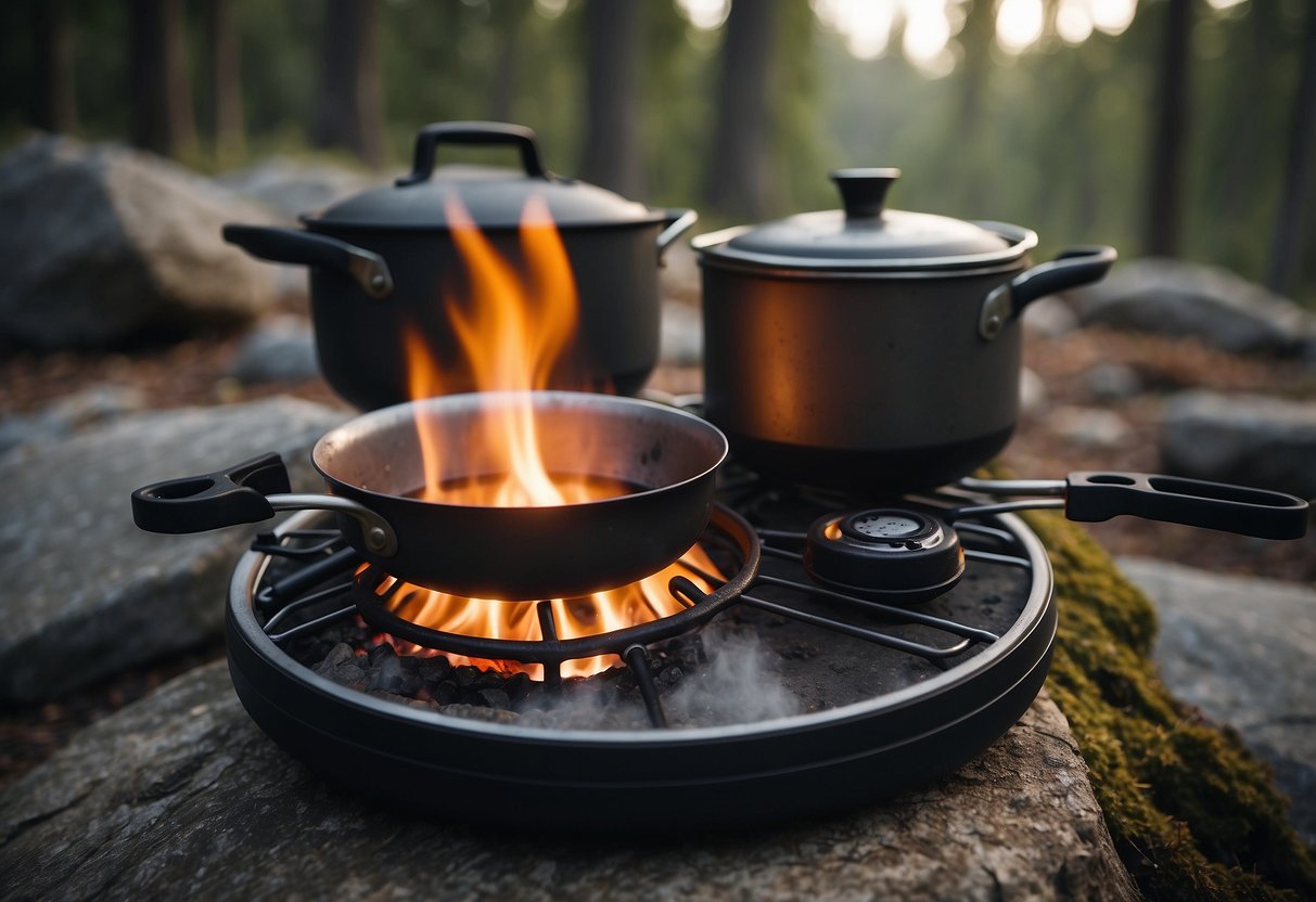 A portable stove sits on a flat rock, flames flickering beneath a small pot. Nearby, a backpack and hiking boots rest against a tree