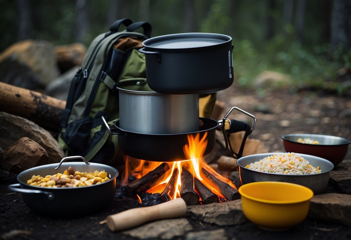 A campfire with a pot hanging over it, surrounded by various cooking utensils and ingredients. A backpack and hiking boots are nearby, along with a map and compass