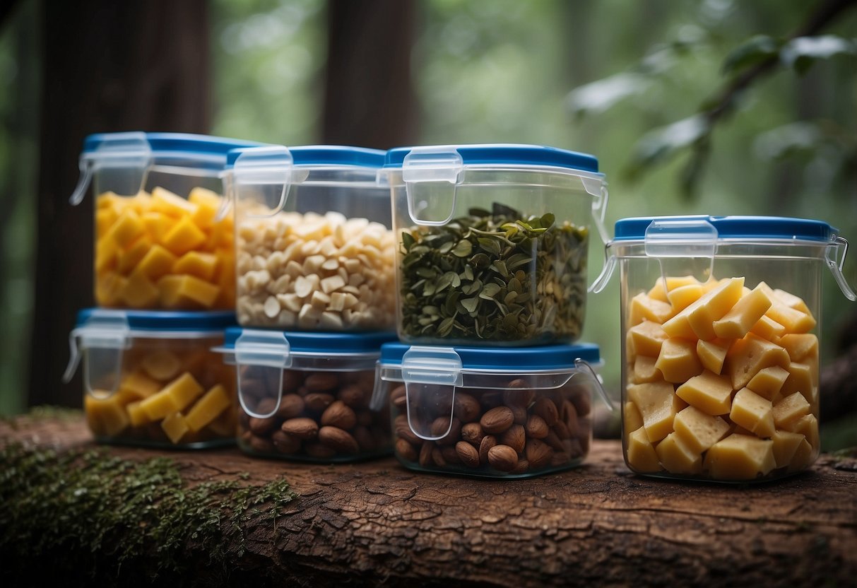 Food items arranged in airtight containers, hung from tree branches, stored in bear-proof canisters, buried in a cold pit, and packed in waterproof bags