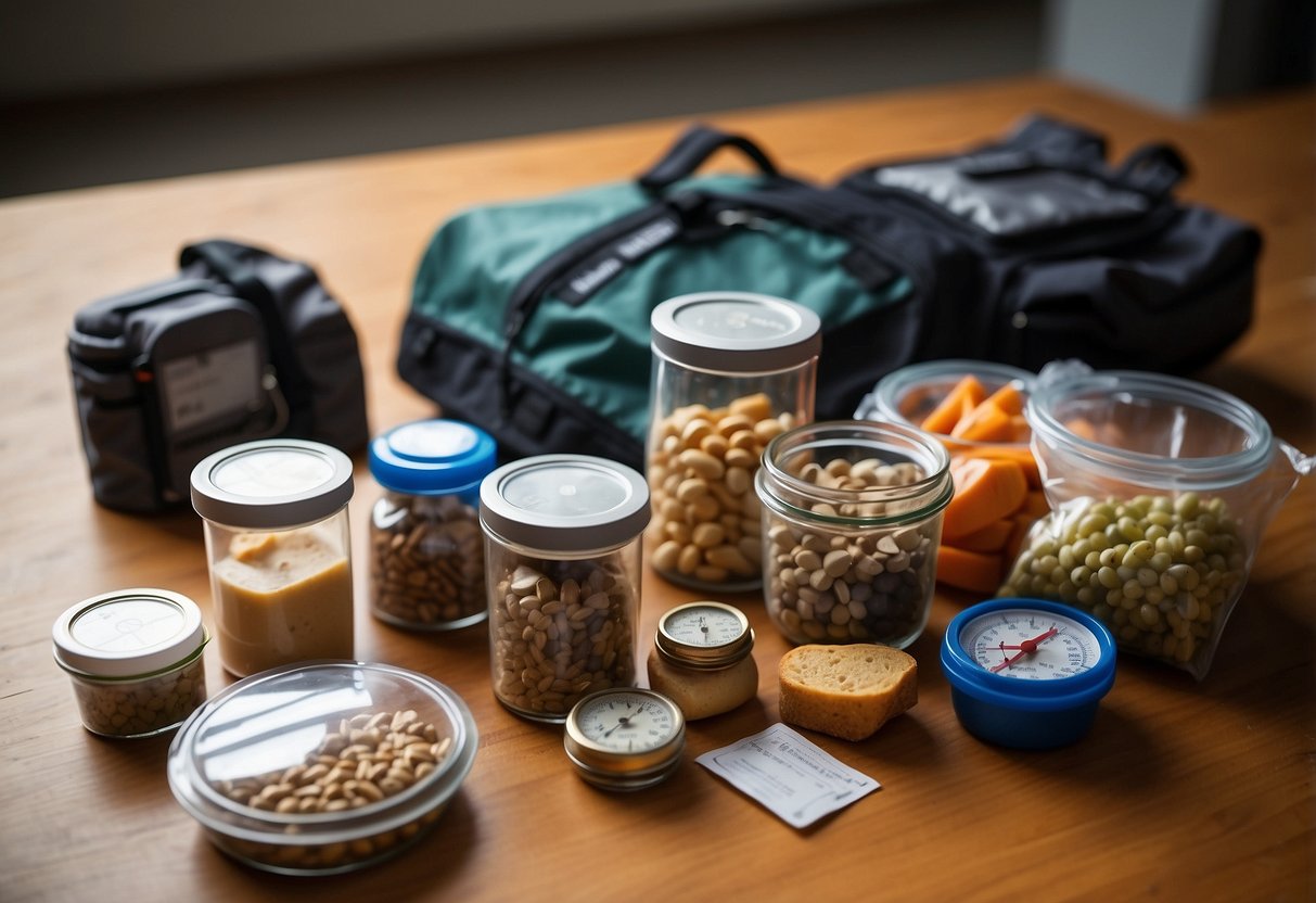 Food items sealed in vacuum bags, labeled and organized in a backpack. A map and compass sit nearby, ready for orienteering