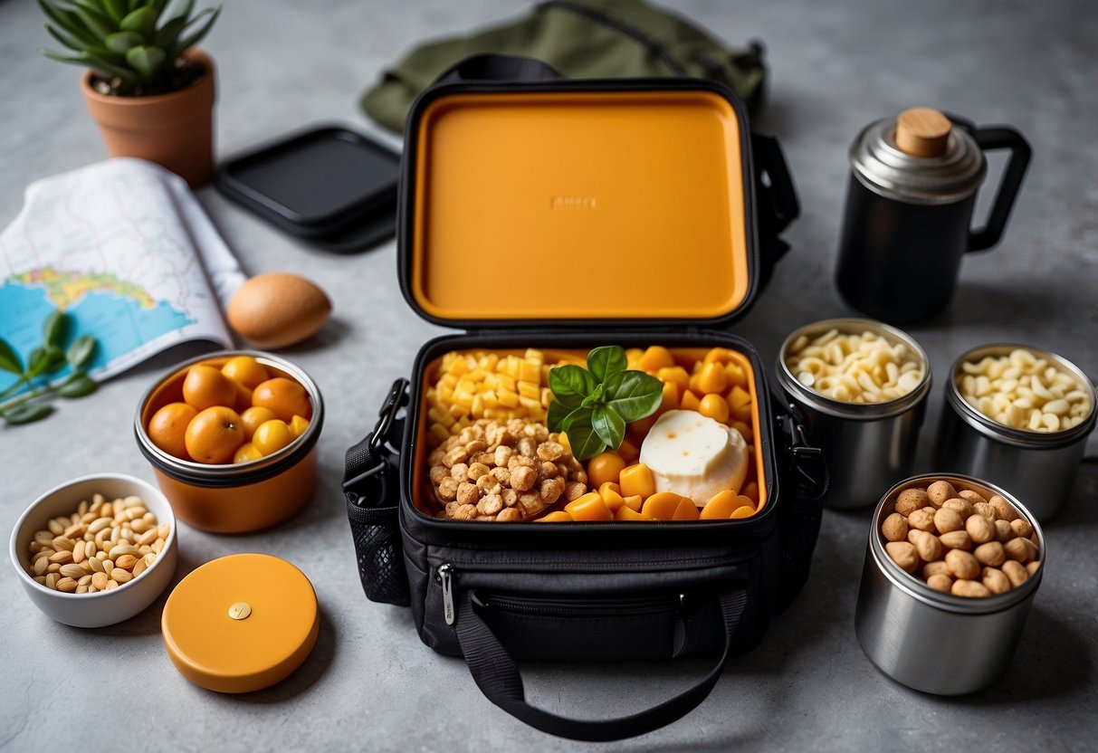 Food-grade silicone containers arranged neatly with various types of food inside, placed in a backpack alongside a map and compass