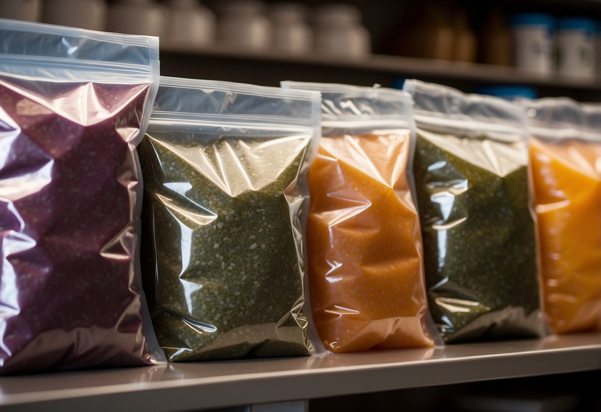 Various dehydrated meals stored in sealed bags, containers, and vacuum-sealed pouches. Some are labeled with expiration dates and stored in a dry, cool environment