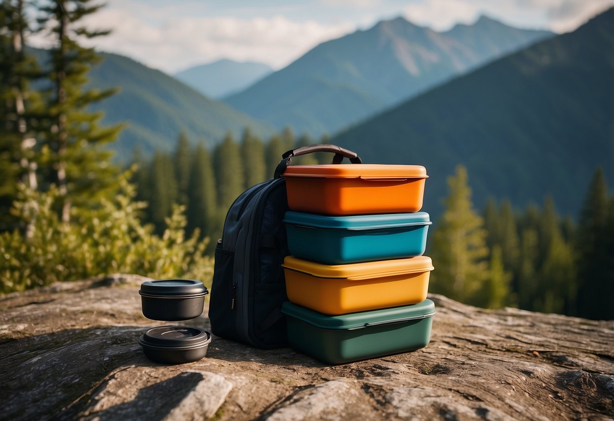 Colorful collapsible food containers neatly stacked in a backpack, surrounded by a compass, map, and outdoor gear. Forest and mountains in the background