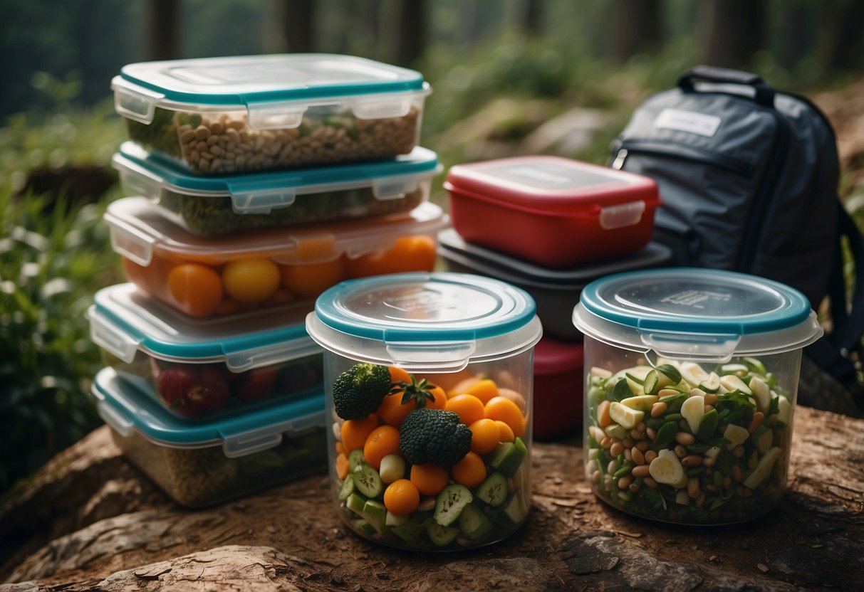 Fresh food sealed in airtight containers, dry goods in resealable bags, and perishables kept in a cooler with ice packs. All stored securely in a backpack while hiking in the wilderness