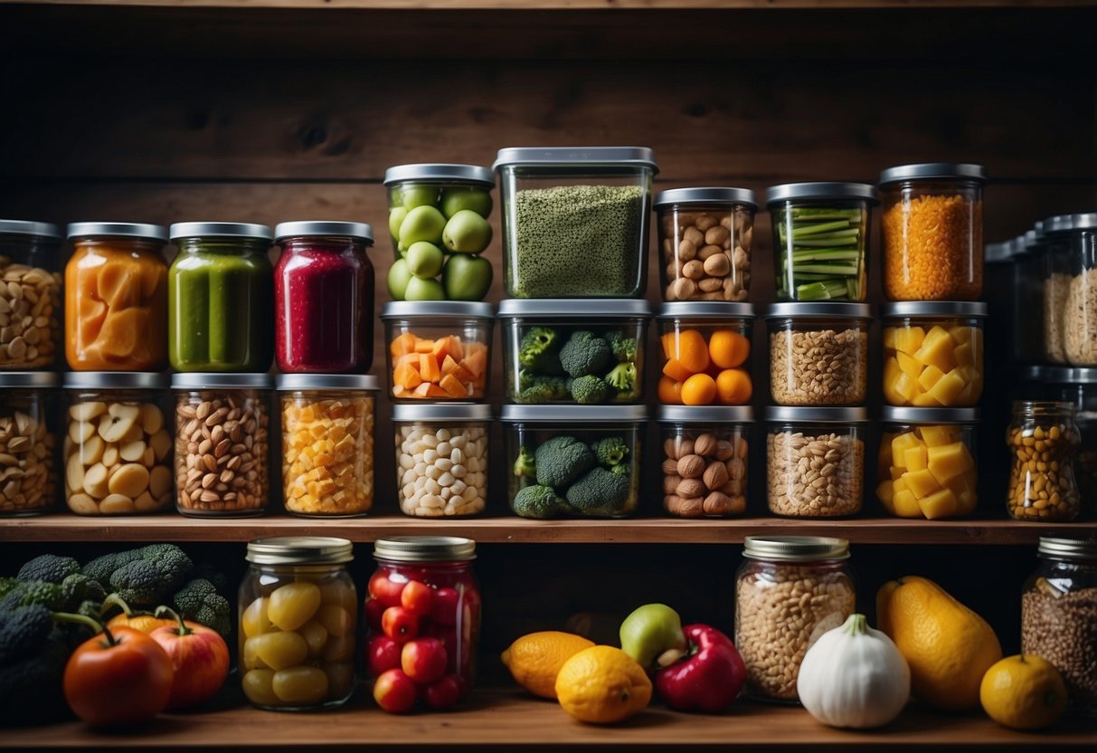 Fresh fruits and vegetables arranged in airtight containers, dry goods in sealed bags, and canned food stacked neatly on shelves in a pantry