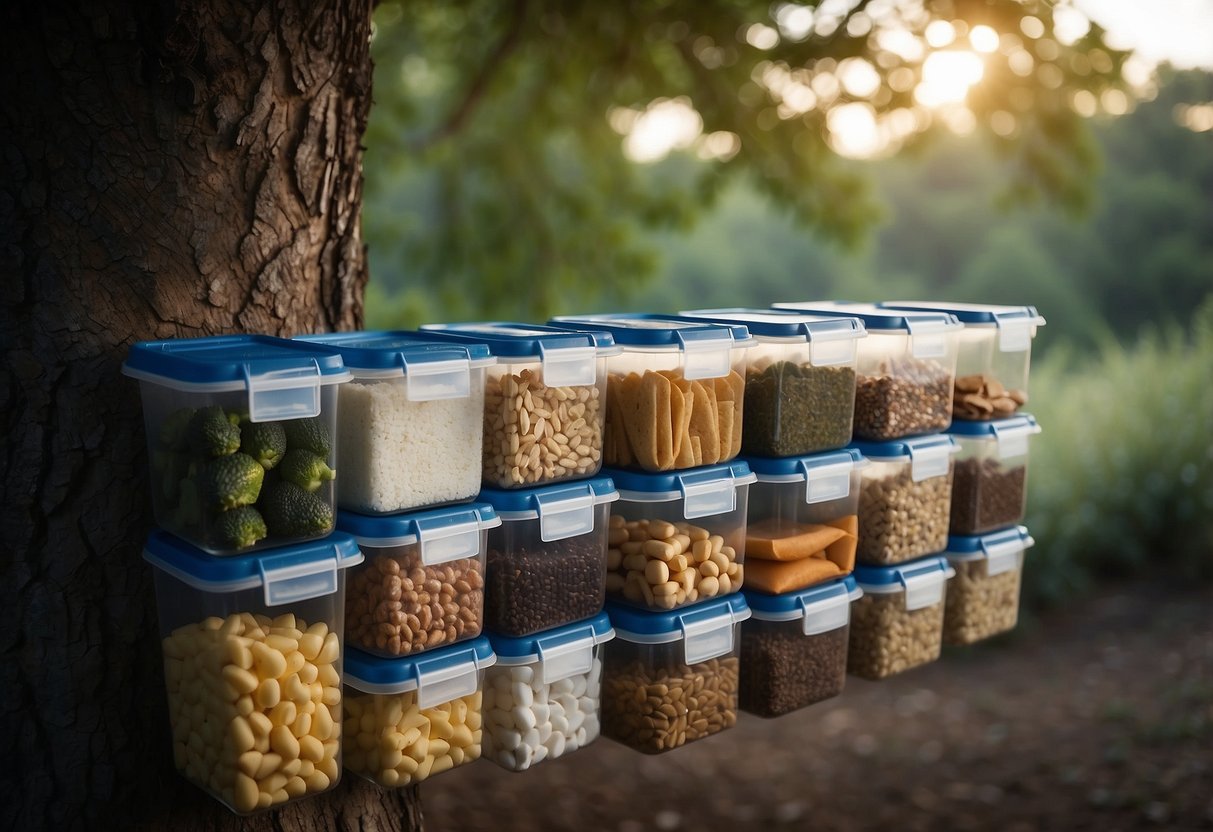 Food stored in airtight containers, hung in trees to deter animals. Cooler bags used for perishables. Dry goods packed in waterproof bags. All stored items labeled and organized in a secure, shaded area