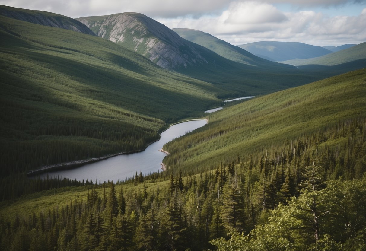 Rolling hills, dense forests, and winding trails in Gros Morne National Park, Newfoundland. Rocky cliffs and serene lakes dot the landscape