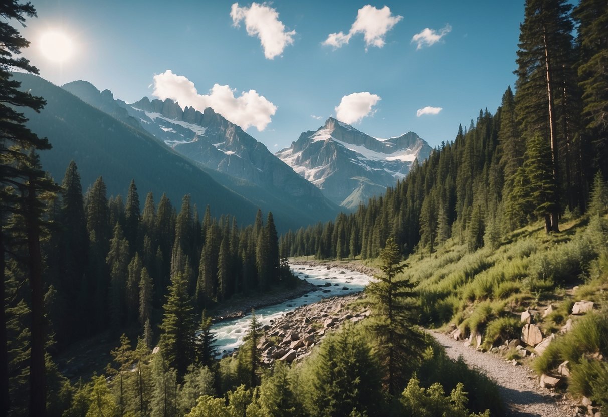 A lush forest with towering pine trees, a winding river, and rocky terrain, set against a backdrop of snow-capped mountains and a clear blue sky