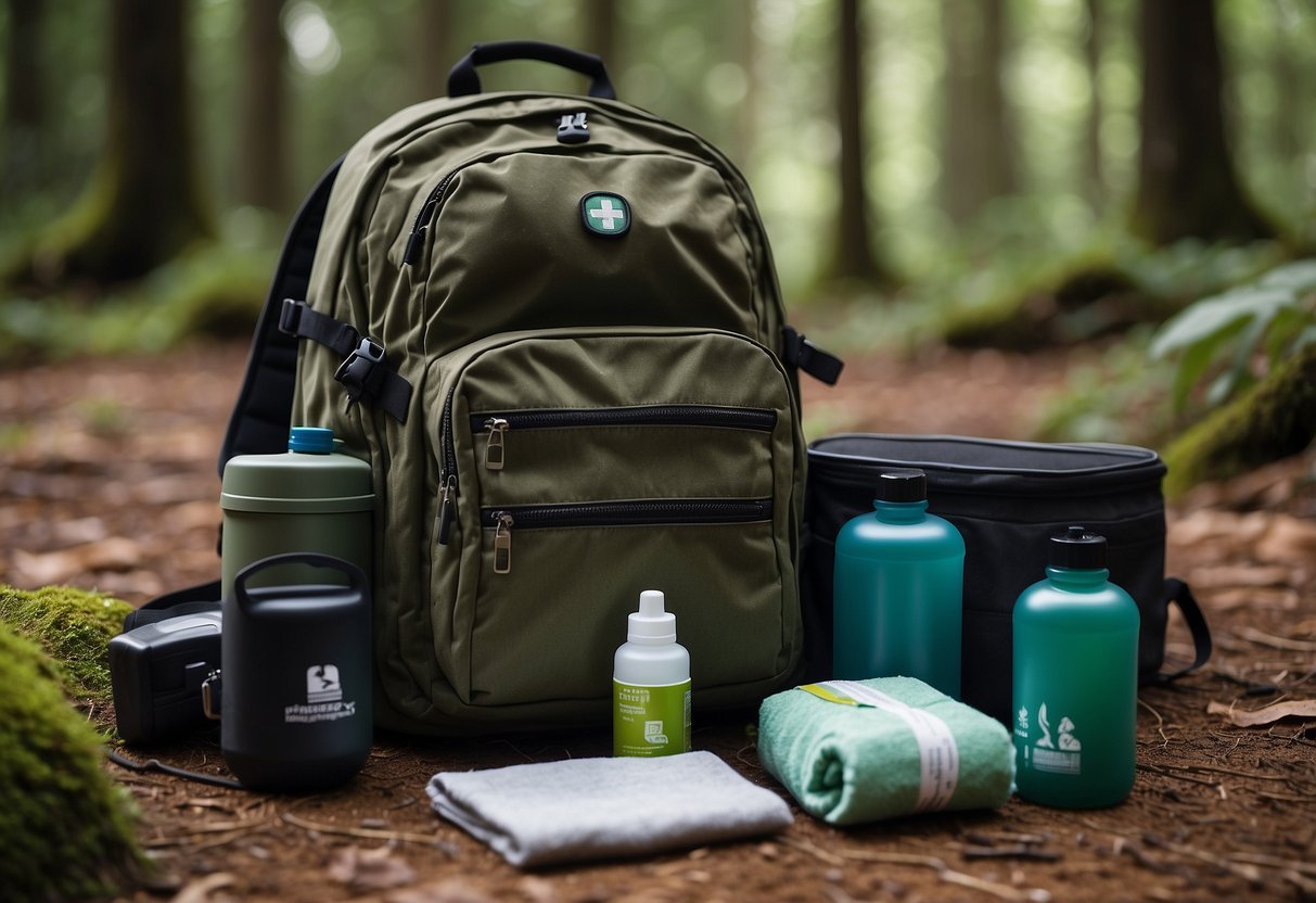 A backpack lies open on the forest floor, revealing neatly packed supplies. A map, compass, and water bottle are arranged next to a first aid kit and a small towel