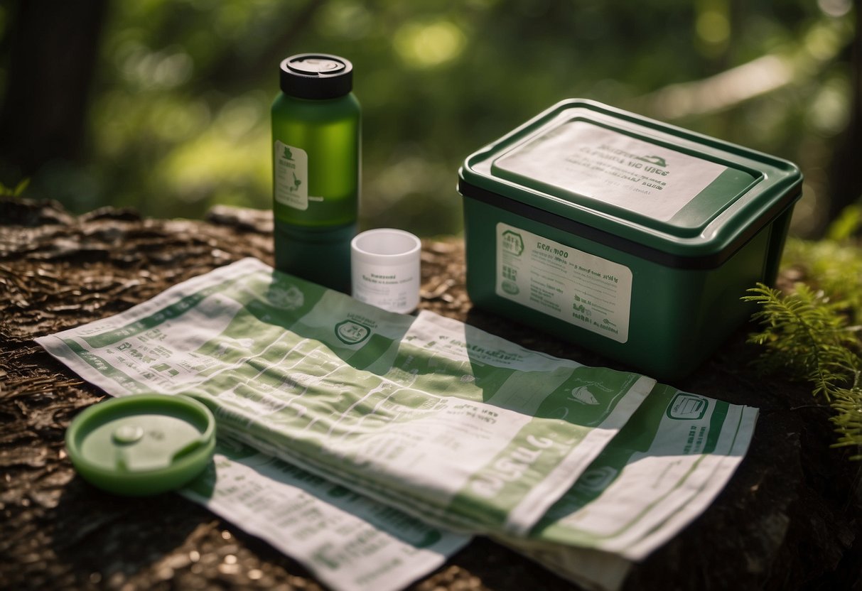 A pack of bio-degradable wipes sits next to a map and compass. A water bottle and snack are nearby. The scene is set in a forest clearing with sunlight filtering through the trees