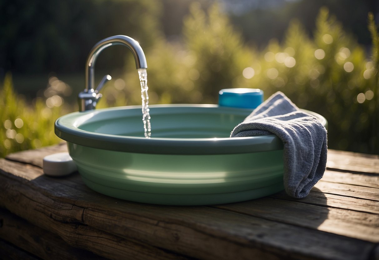 A Foldable Wash Basin sits on a flat surface, surrounded by camping gear. Water drips from a spigot, as soap and a towel lay nearby