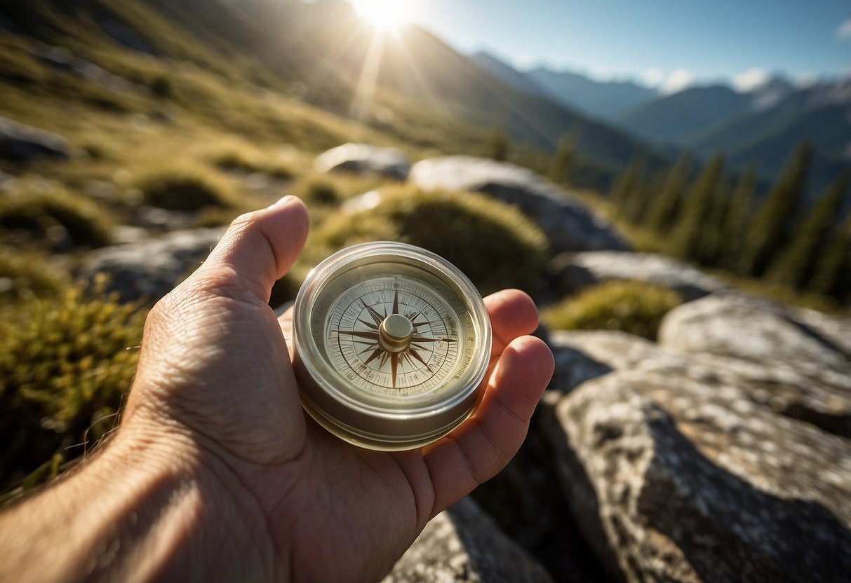 A hand reaches for eco-friendly soap next to a compass and map, surrounded by outdoor gear. The sun shines on the scene, highlighting the importance of staying clean on orienteering trips