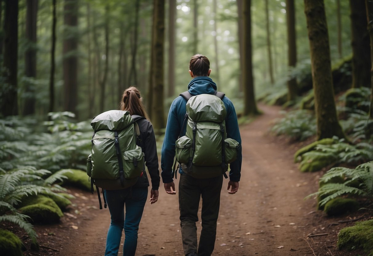 A person carrying multiple trash bags while hiking through a forest, with a map and compass in hand. The surrounding area is filled with trees, rocks, and a clear path ahead