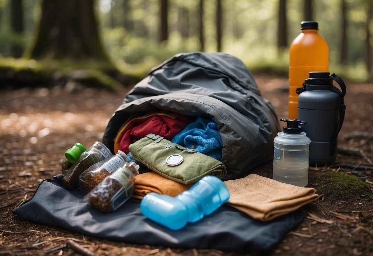 Dirty clothes in a separate bag. Clean gear neatly organized. Orienteering map and compass laid out. Water bottles and snacks ready. Clean and tidy campsite