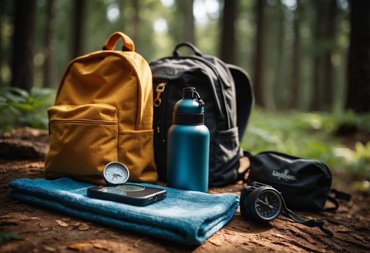 A colorful Quick-Dry Towel is neatly folded next to a backpack, surrounded by a compass, map, and water bottle. The sun shines overhead, casting dappled shadows on the forest floor