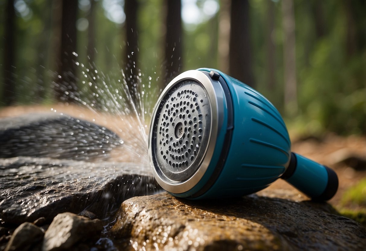 A portable shower head sprays water over a person's camping gear, providing a refreshing clean during an orienteering trip