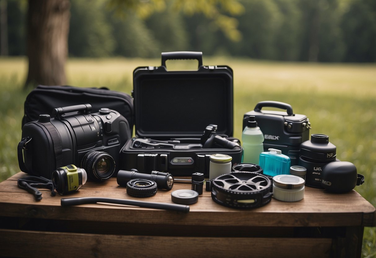 Gear and equipment neatly arranged in a designated area, with cleaning supplies nearby. A checklist of items to clean and maintain displayed prominently. Outdoor setting with trees and a clear sky in the background