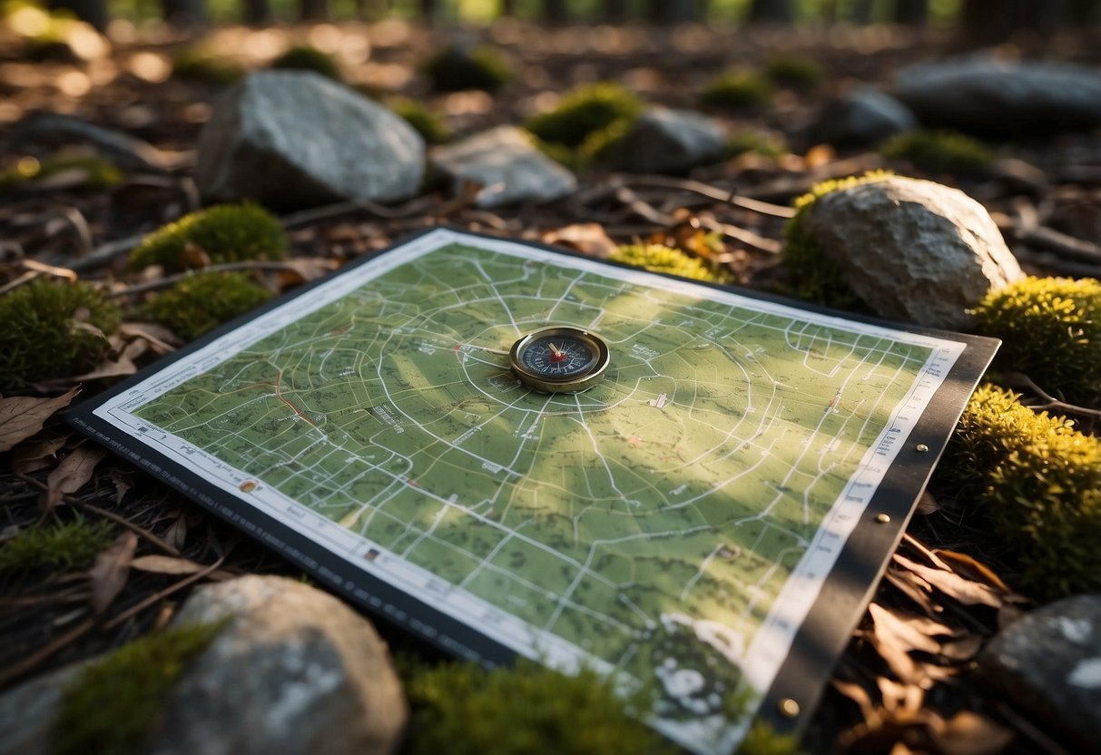 Orienteering map spread out on forest floor, compass and emergency whistle nearby. Tree branches and rocks provide natural landmarks. Sunlight filters through dense canopy