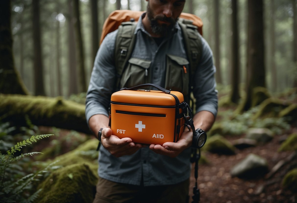 A person holding a first aid kit while navigating through a forest. They are using a compass and map, with a watch on their wrist. The kit is equipped with bandages, antiseptic wipes, and a whistle