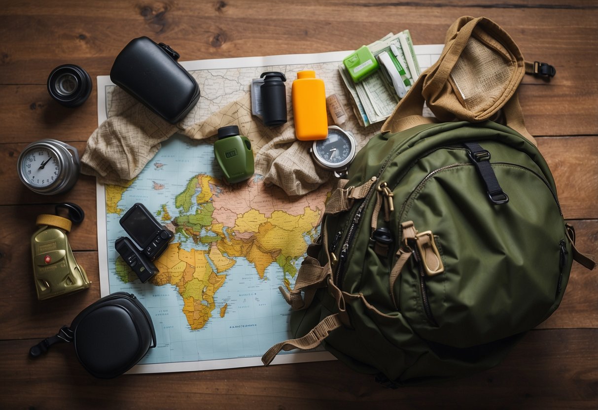 A person packing a whistle into a backpack, surrounded by a map, compass, first aid kit, and emergency blanket