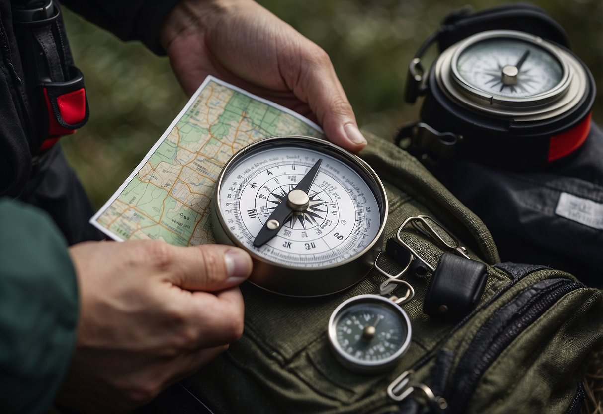 A person in outdoor gear holds a map and compass, while another person signals for help. A first aid kit and emergency whistle are nearby