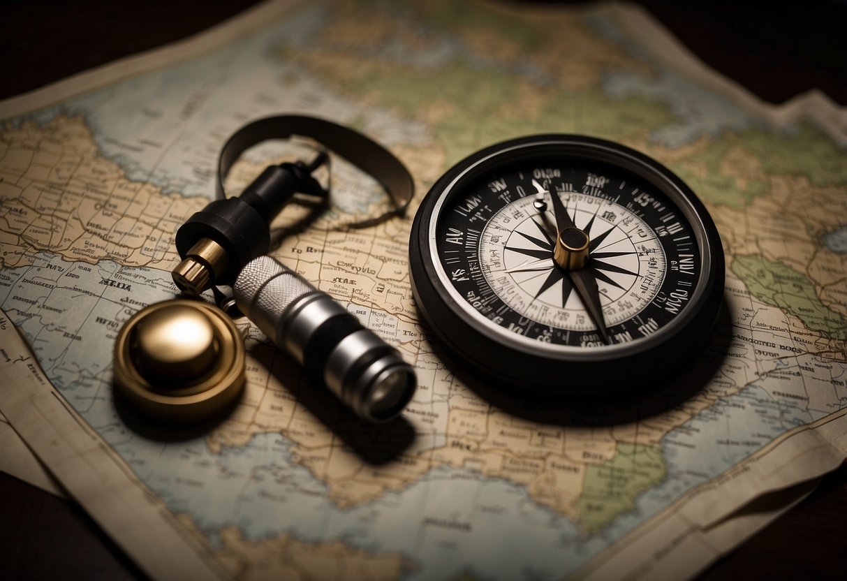 A compass points north, while a map lays on the ground. Dark clouds gather in the sky, and a flashlight sits ready for use