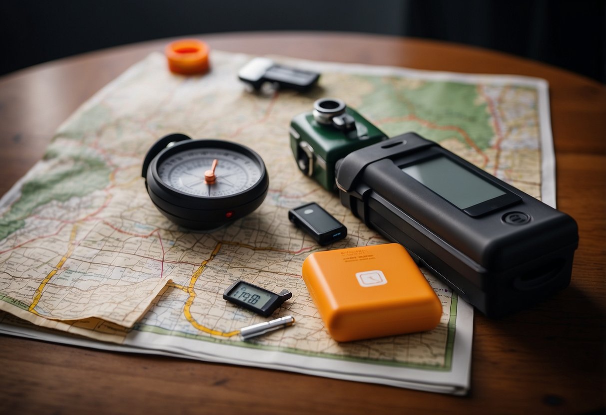 An orienteering map with compass, emergency whistle, first aid kit, water bottle, flashlight, phone, GPS device, and emergency contact list laid out on a table