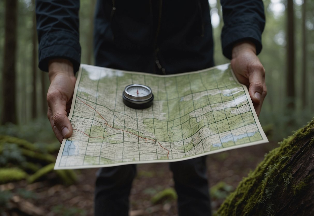 A person holding a map and compass while remaining calm in a forest. Surroundings show signs of an emergency, such as a fallen tree or a broken trail marker