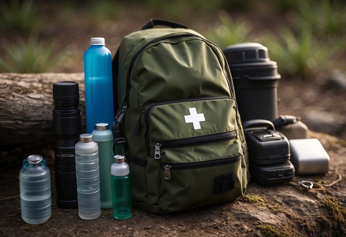 A backpack open on the ground, revealing a first aid kit, compass, map, emergency whistle, flashlight, water bottle, and energy bars. A cell phone with a signal booster sits next to it