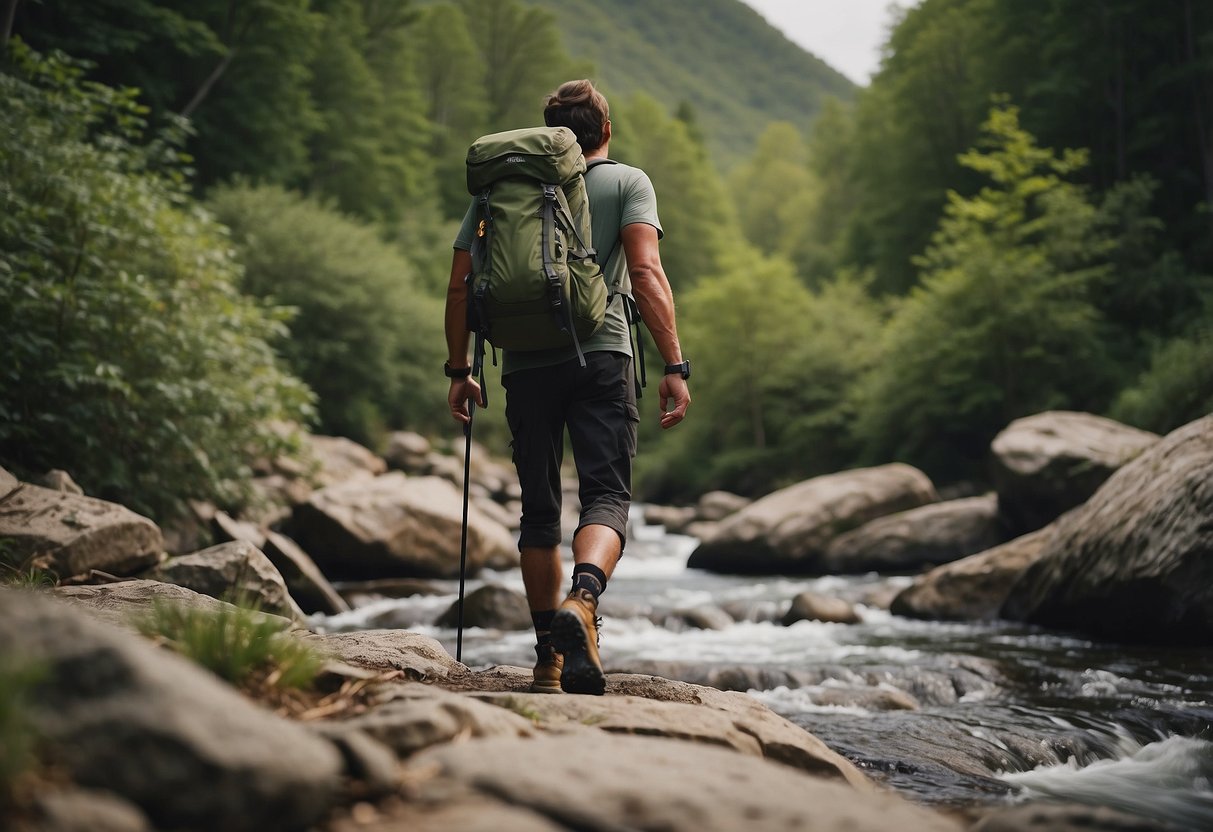 A hiker traverses rocky terrain, using a map and compass to navigate. They encounter a steep incline, a river crossing, and dense vegetation