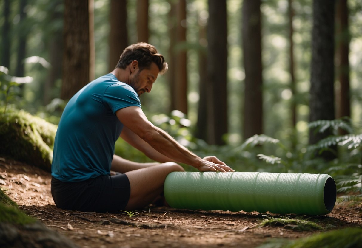 A hiker massages their sore muscles with a foam roller, while others apply cooling gel and stretch in a scenic forest clearing