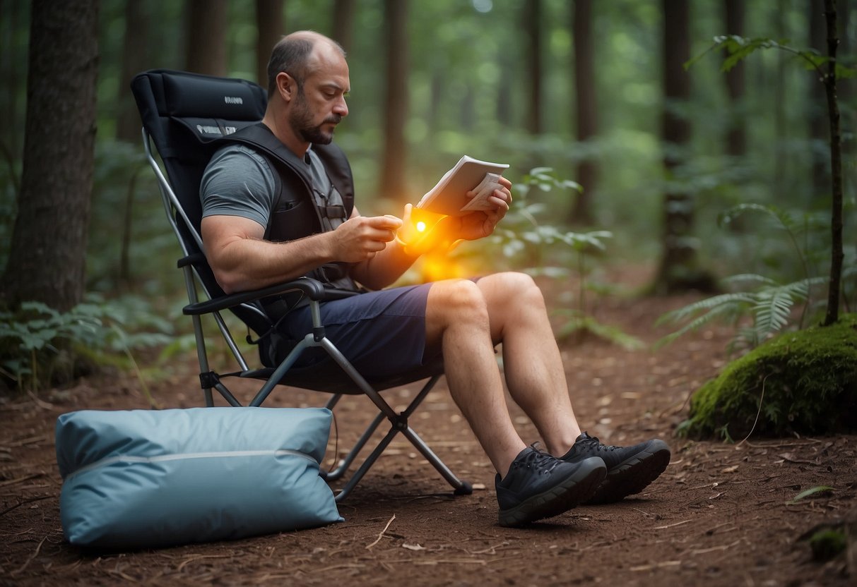 A person applies a heat pack to their sore muscles while sitting on a camp chair in the woods. A map and compass lay on the ground next to them