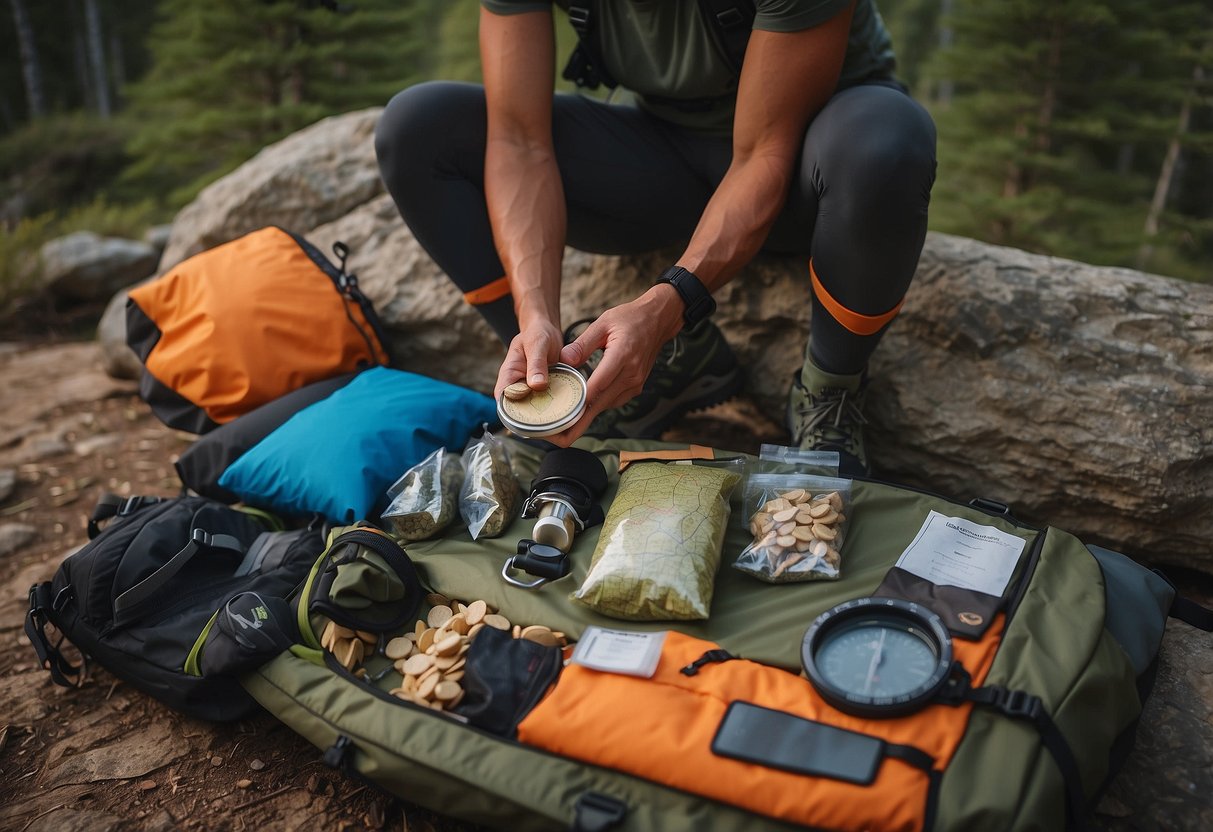 A hiker unpacks compression gear from a backpack, surrounded by a map, compass, and trail snacks. Aching muscles are highlighted as the hiker prepares for an orienteering trip