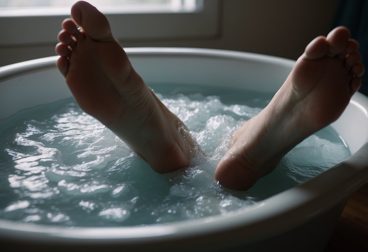 A person's feet submerged in a tub of Epsom salt water, with a towel and a book nearby. The room is dimly lit, creating a relaxing atmosphere for muscle recovery after an orienteering trip