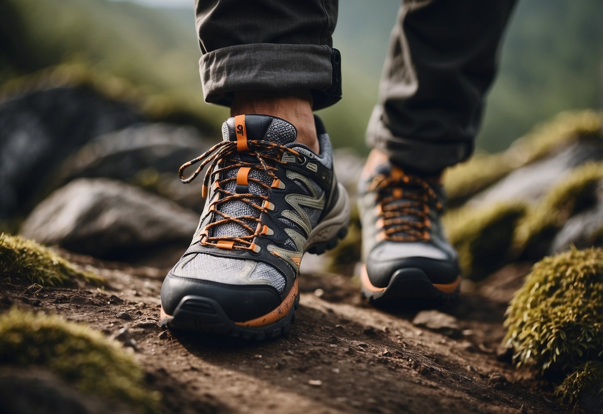 A rugged, rocky terrain with various obstacles and uneven ground. A pair of sturdy orienteering shoes placed prominently in the center, surrounded by challenging natural elements