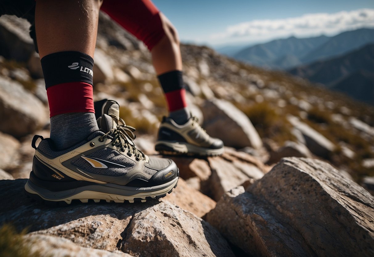 A rugged trail winds through rocky terrain, with the Altra Lone Peak 6.5 shoes navigating the challenging landscape with ease