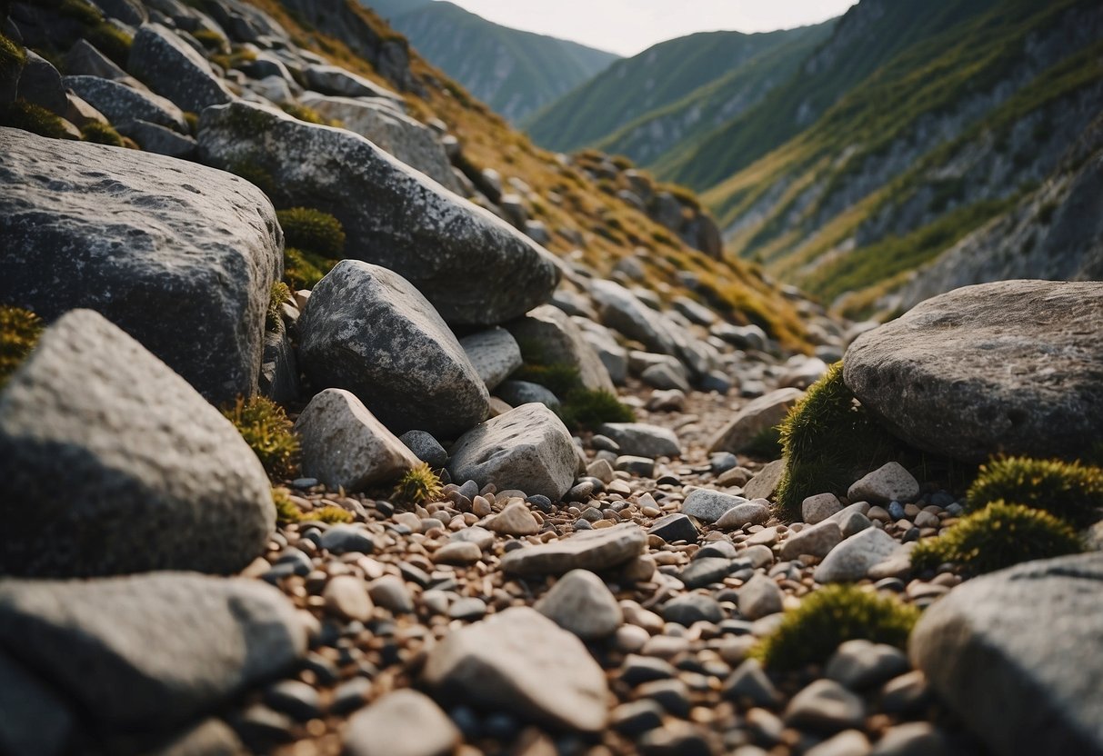 Rocky terrain with jagged boulders, steep inclines, and loose gravel. A variety of rocks and uneven surfaces, challenging for navigation