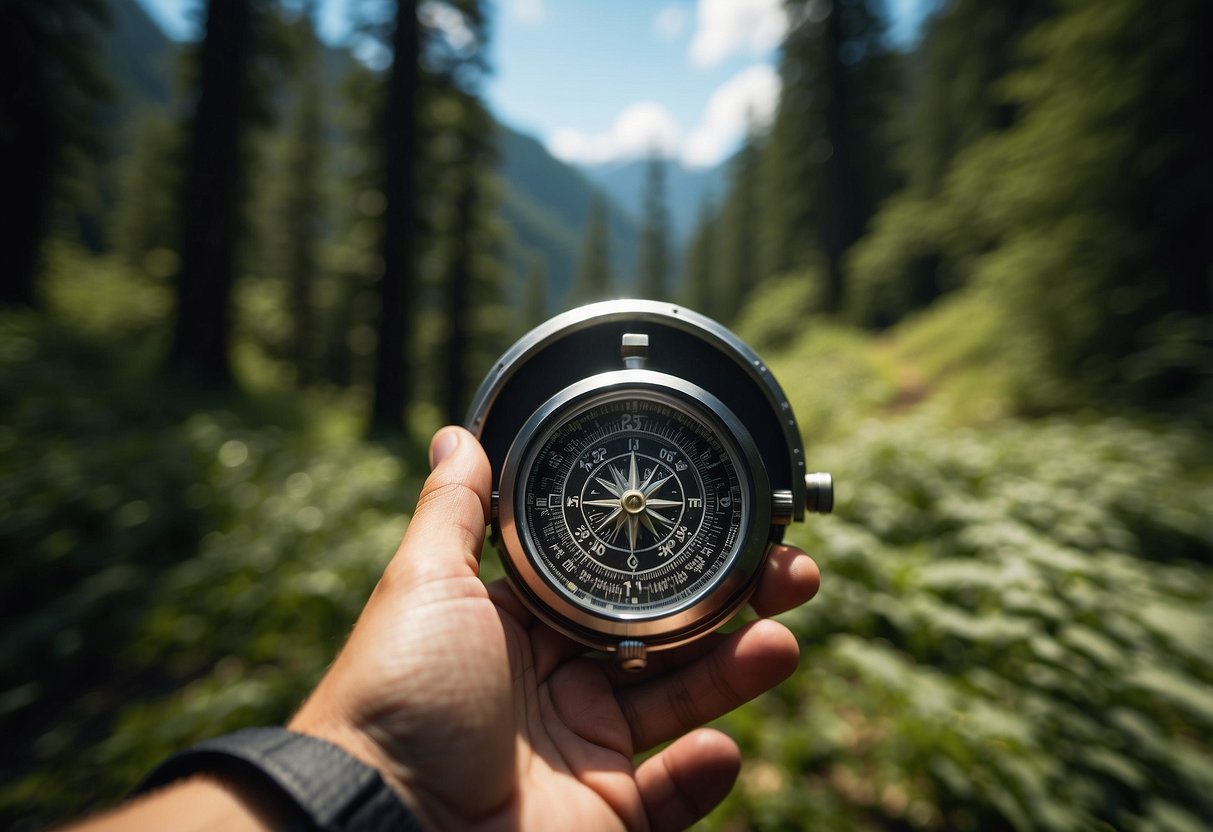 A lush forest with winding trails, map and compass in hand. A mountainous backdrop and clear blue skies