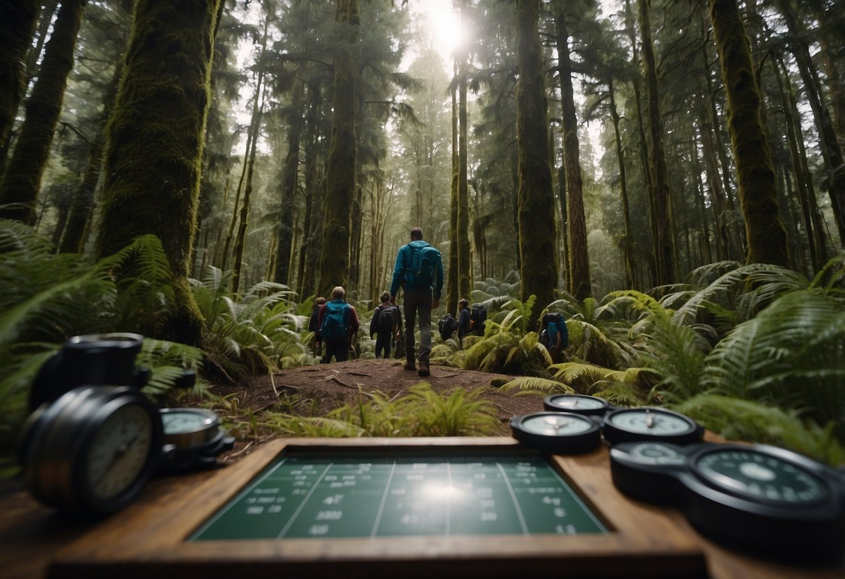 Participants gather compasses, maps, and gear in a lush New Zealand forest clearing. Trees tower overhead, and the air is filled with the sounds of nature